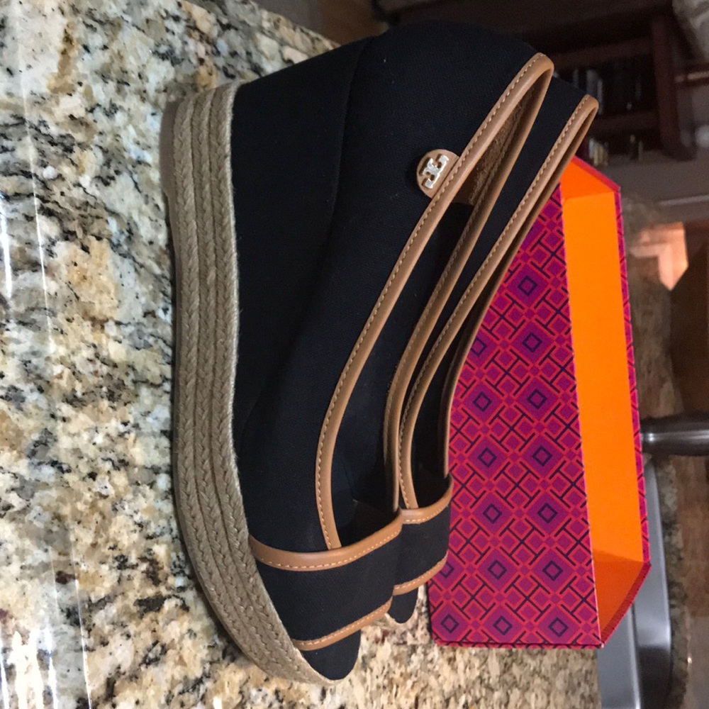 Tory Burch Black/Royal Tan Majorca Wedges